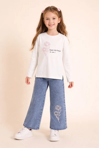 Ekru Gül Nakışlı Badili Jean Pantolonlu Kız Çocuk 2li Takım 23749 ürün görseli 1