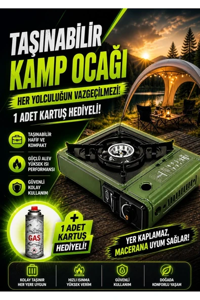Taşınabilir Kamp Ocağı + 1 Adet Gaz Kartuş Hediyeli (2400 W Güçlü Alev , Kompakt Tasarım) / Kartuşlu & Tüplü Kullanım ürün görseli 1