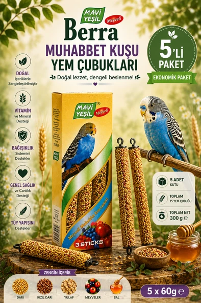 Mavi Yeşil Berra Meyveli Muhabbet Kuşu Yem Çubuğu 5'li Paket 15 Stick 300 g Vitamin ve Mineralli Muhabbet Kuşu Krakeri ürün görseli 1