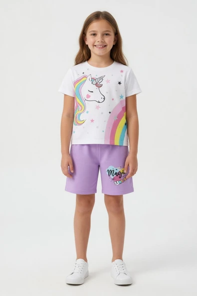 Lila Unicorn Baskılı Simli Kız Çocuk Tişörtlü Şortlu Takım 23795 ürün görseli 1