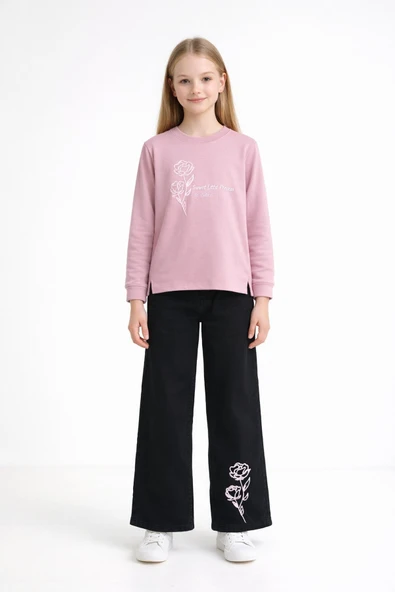 Pembe Gül Nakışlı Badili Jean Pantolonlu Kız Çocuk 2li Takım 23750 ürün görseli 1