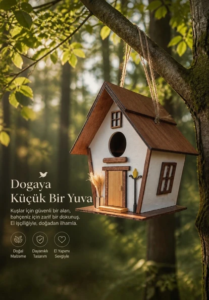 El Yapımı Ahşap Kuş Yuvası Dekoratif Kuş Evi Bahçe Balkon Dekorasyon Vernikli Kızılağaç ürün görseli 1