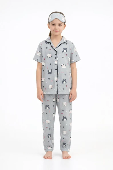 Gri Kedi Desenli Düğmeli Kısa Kol Kız Çocuk Göz Bantlı Pijama Takımı  23818 ürün görseli 1
