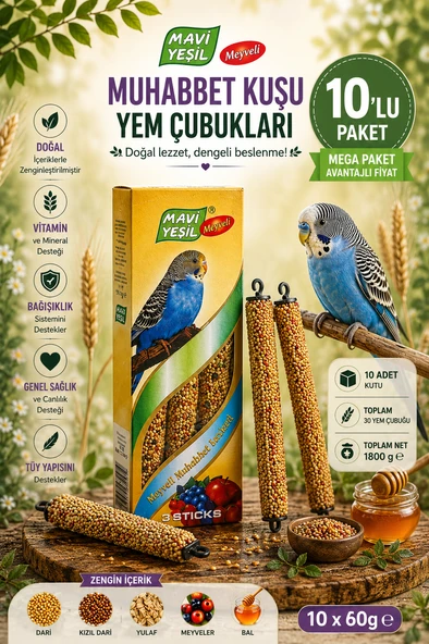 Mavi Yeşil Meyveli Muhabbet Kuşu Yem Çubuğu 10'lu Mega Paket 30 Stick 1800 g Vitamin ve Mineralli Muhabbet Kuşu Krakeri ürün görseli 1