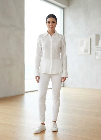 Kadın Beyaz Doku Detaylı Gömlek ürün görseli 1