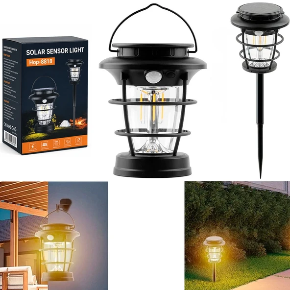Powermaster HOP-8818 Sensörlü Taşınabilir Şarjlı + Solar Panelli 4 Çalışma Modlu Beyaz-Günışığı Işık Bahçe-Kamp Lambası ürün görseli 1