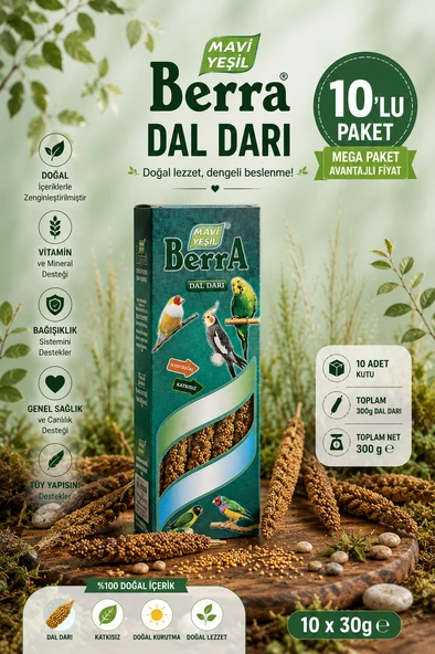 Mavi Yeşil Berra Dal Darı 10'Lu Mega Paket Doğal Kuş Yemi Katkısız Dal Darı Toplam 300 G ürün görseli 1