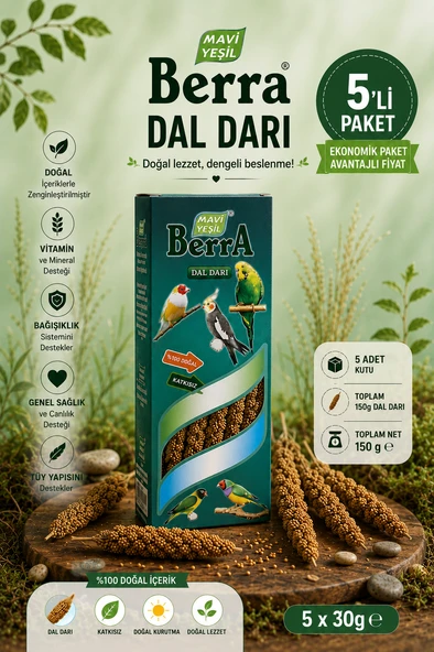 Mavi Yeşil Berra Dal Darı 5'Li Ekonomik Paket Doğal Kuş Yemi Toplam 150 G Katkısız Dal Darı ürün görseli 1