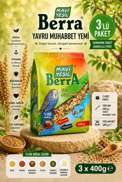 Mavi Yeşil Berra Yavru Muhabbet Yemi 3'lü Ekonomik Paket Doğal İçerikli Vitamin ve Mineral Destekli Toplam 1.200 g ürün görseli 1