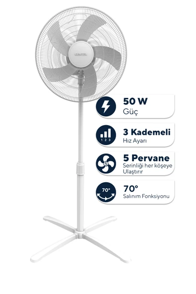 Kumtel Beyaz 16 inç Ayaklı Vantilatör 50 W, 5 Pervaneli, 3 Kademeli, 121 cm Yükseklik ürün görseli 1