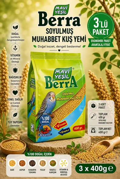 Mavi Yeşil Berra Soyulmuş Muhabbet Kuşu Yemi 3'lü Ekonomik Paket Doğal İçerikli Toplam 1.200 g ürün görseli 1