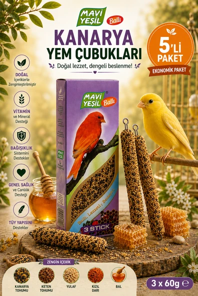 Mavi Yeşil Kanarya Yem Çubuğu Ballı 5'li Paket 15 Stick 900 g Vitamin ve Mineralli Kanarya Krakeri ürün görseli 1