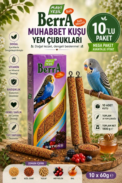 Mavi Yeşil Berra Ballı Meyveli Muhabbet Kuşu Yem Çubuğu 10'lu Mega Paket 30 Stick 1800 g Vitamin ve Mineralli Muhabbet Kuşu Krakeri ürün görseli 1