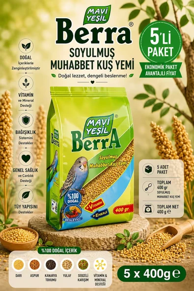 Mavi Yeşil Berra Soyulmuş Muhabbet Kuşu Yemi 5'li Ekonomik Paket  Doğal İçerikli  5 x 400 g  Toplam 2.000 g ürün görseli 1