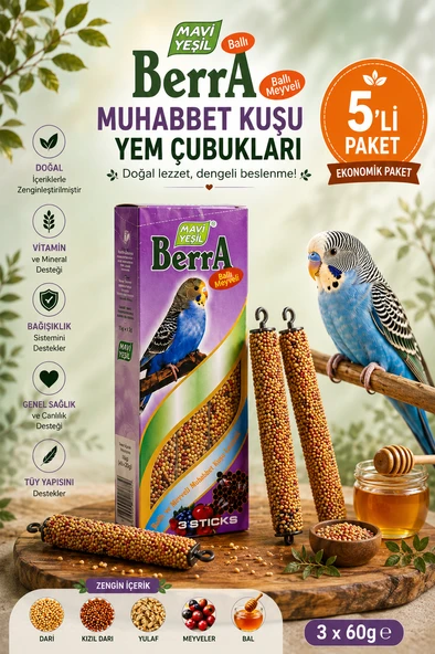 Mavi Yeşil Berra Ballı Meyveli Muhabbet Kuşu Yem Çubuğu 5’li Paket 15 Stick 900 g Vitamin ve Mineralli Muhabbet Kuşu Krakeri ürün görseli 1