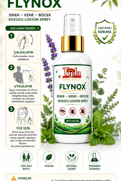 FLYNOX SİNEK BÖCEK KENE KOVUCU LOSYON SPREY 150 ML DOĞAL BİTKİSEL TÜM VÜCUT SEYAHAT TATİL BOY ürün görseli 1