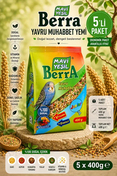 Mavi Yeşil Berra Yavru Muhabbet Yemi 5'li Ekonomik Paket Doğal İçerikli Vitamin ve Mineral Destekli Toplam 2.000 g ürün görseli 1