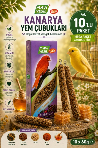 Mavi Yeşil Ballı Kanarya Yem Çubuğu 10'lu Mega Paket 30 Stick 1800 g Vitamin ve Mineralli Kanarya Krakeri ürün görseli 1