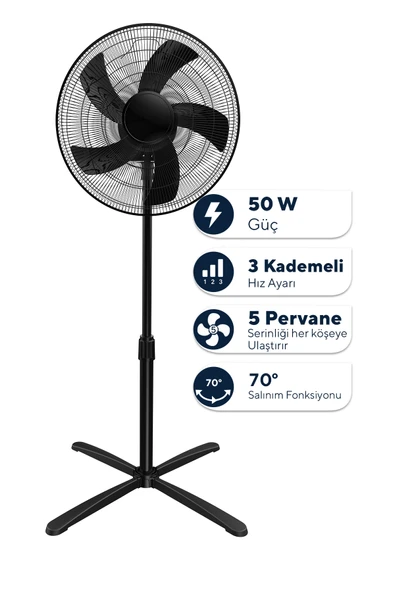 Kumtel Siyah 16 inç Ayaklı Vantilatör 50 W, 5 Pervaneli, 3 Kademeli, 121 cm Yükseklik ürün görseli 1