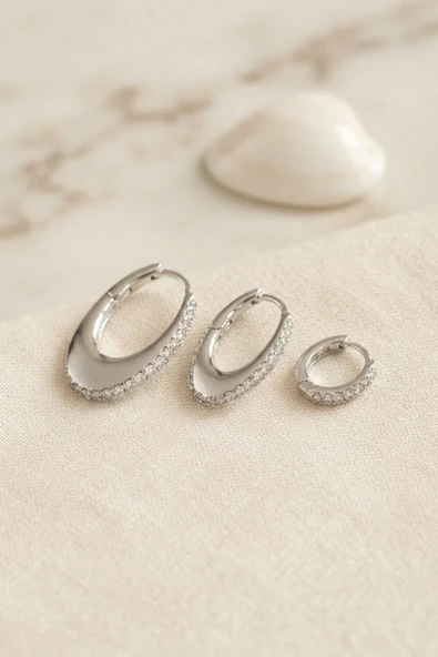Gümüş Renk Oval Halka Model Zirkon Taşlı 3 lü Küpe Set ürün görseli 1