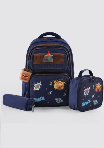 ÇÇS Kids Premium Okul Çanta Seti 3'lü İlkokul Ortaokul Sırt Çantası Termal Beslenme Çantası Kalemlik Lacivert-Kahverengi 52016 ürün görseli 1