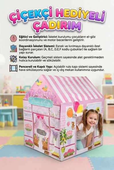 100x70 cm Pembe Çiçekçi Dükkanı Temalı Kolay Kurulumlu Eğlenceli Çocuk Oyun Evi Çadırı ürün görseli 1