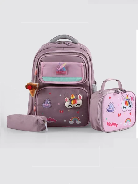 ÇÇS Kids Premium Okul Çanta Seti 3'lü İlkokul Ortaokul Sırt Çantası Termal Beslenme Çantası Kalemlik Gül Kurusu-Pembe 52016 ürün görseli 1