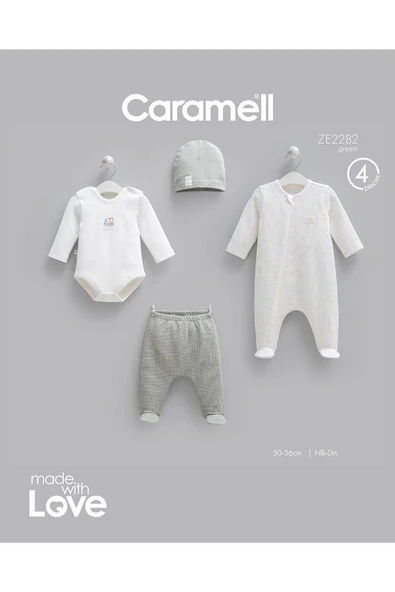Caramell %100 Pamuk 4lü Tulumlu Mini Travel Set 0-3 Ay 50-56 cm Yeşil CRML.ZE2282.YSL ürün görseli 1