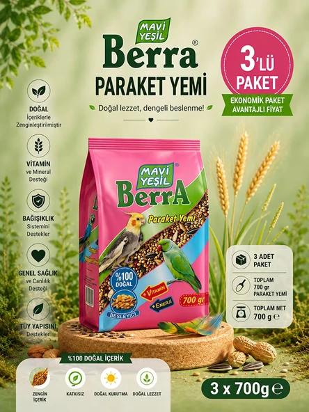 Mavi Yeşil Berra Paraket Yemi 3'lü Ekonomik Paket  Doğal İçerikli, Vitamin ve Enerji Destekli Kuş Yemi  3 x 700 g ürün görseli 1