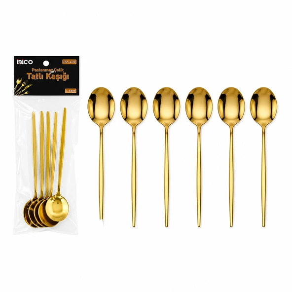 6 Parça Tatlı Kaşığı Seti - Gold Renk - Paslanmaz Çelik ürün görseli 1