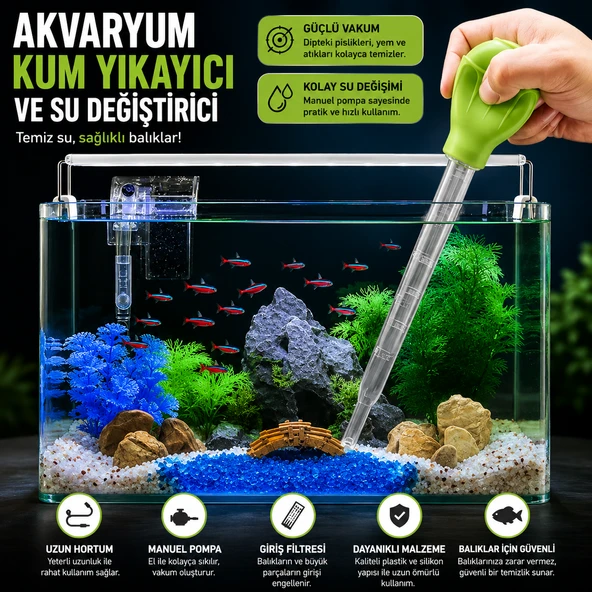 Manuel Akvaryum Su Değiştirici Kum Yıkayıcı Sifon Pompası Güçlü Vakumlu Dip Temizleme Aparatı Balık Dostu Akvaryum Temizlik Seti ürün görseli 1