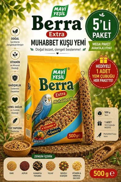 Mavi Yeşil Berra Extra Muhabbet Kuşu Yemi 5'li Mega Paket 2,5 kg (5x500 g) + 5 Adet Yem Çubuğu Hediyeli ürün görseli 1