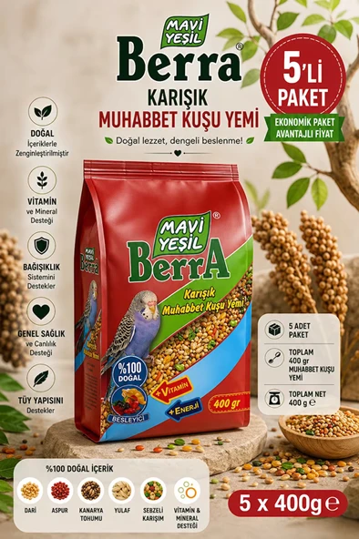 Mavi Yeşil Berra Karışık Muhabbet Kuşu Yemi 5'li Ekonomik Paket 400 g x 5 Toplam 2.000 g Doğal İçerikli Vitamin ve Mineral Destekli ürün görseli 1