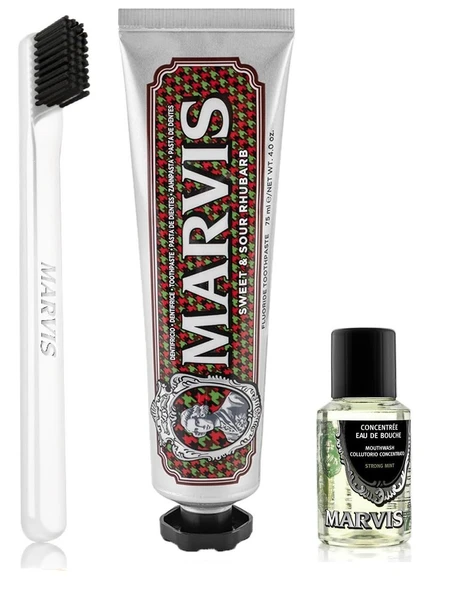 Marvis Sweet & Sour Rhubarb Diş Macunu 75 ml + Yumuşak Diş Fırçası + Konsantre Ağız Gargarası 30 ml ürün görseli 1