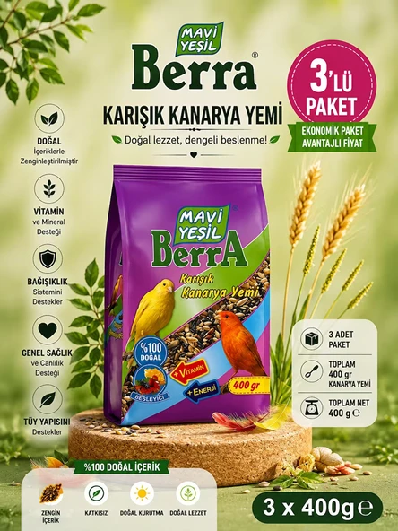 Mavi Yeşil Berra Karışık Kanarya Yemi 3'lü Ekonomik Paket Doğal İçerikli Toplam 1.200 g ürün görseli 1