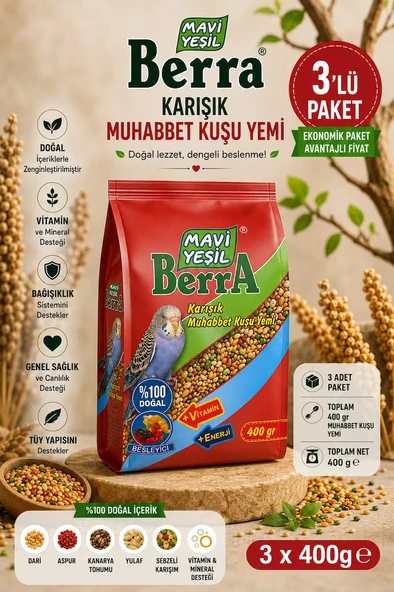 Mavi Yeşil Berra Karışık Muhabbet Kuşu Yemi 3'lü Ekonomik Paket Doğal İçerikli Vitamin ve Mineral Destekli Toplam 1.200 g ürün görseli 1
