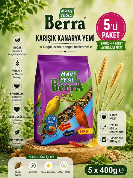 Mavi Yeşil Berra Karışık Kanarya Yemi 5'li Ekonomik Paket  Doğal İçerikli  Toplam 2.000 g ürün görseli 1