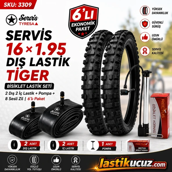 Servis 16X1.95 DIŞ LASTİK (TIGER) Bisiklet Lastiği +İç Lastiği (2 ŞER ADET TAKIM) +1 ADET BİSİKLET POMPASI +1 ADET 8 SESLİ BİSİKLET KORNASI ürün görseli 1