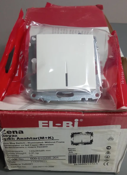 Elbi ZENA BEYAZ IŞIKLI ANAHTAR 609-010200-201 - ÇERÇEVESİZ ürün görseli 1