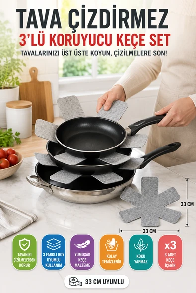 3'lü Gri Tava Çizdirmez Keçe Koruyucu 33 Cm Tava Tencere Ayırıcı Çizik Önleyici Organizer Set ürün görseli 1