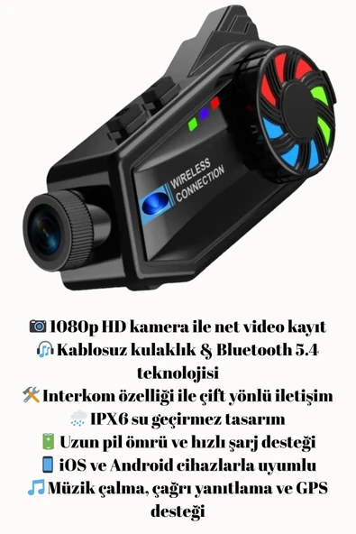 1080P Video Kayıt Özellikli, Su Geçirmez ve Bluetooth 5.4 Motorcu Interkom Kulaklığı ürün görseli 1