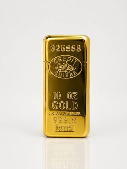 Gold Külçe Tasarımlı Metal Gaz Dolumlu Kapaklı Elektronik Çakmak Premium Hediyelik Model ürün görseli 1