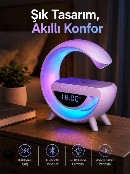 Bluetooth Hoparlör 15W Kablosuz Hızlı Şarj LED Gece Lambası ürün görseli 1