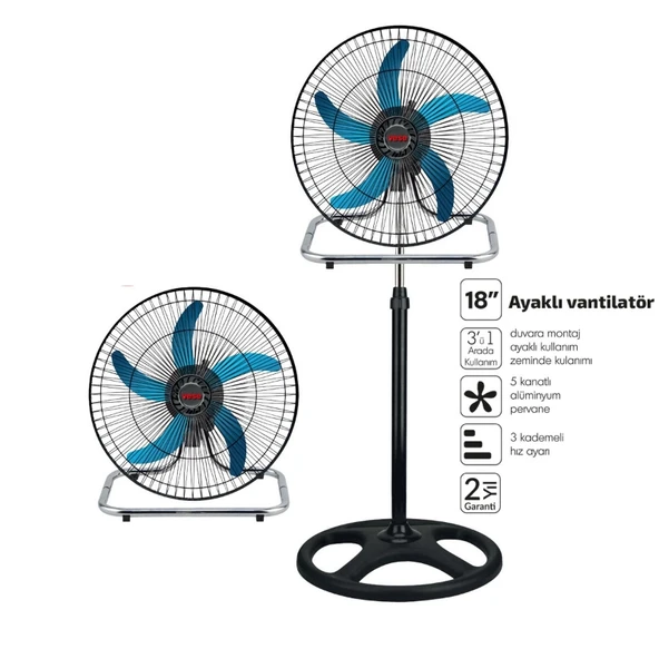 Sanayi Tipi Ayaklı Vantilatör - 5 Metal Kanatlı - 18 İnç 46 cm ürün görseli 1