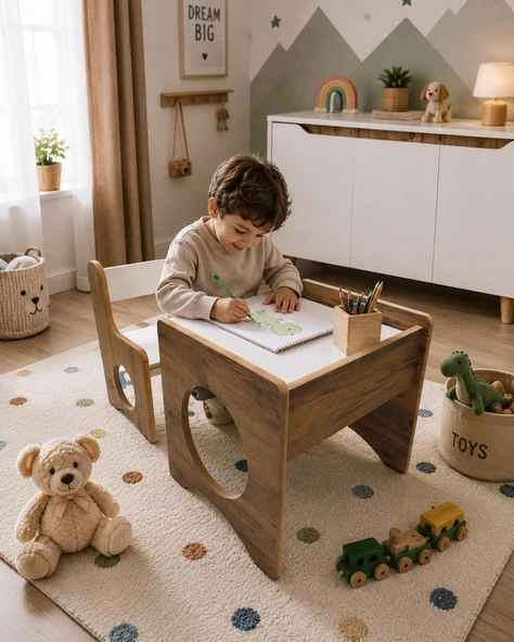 Pema Home %100 MDF Montessori Aktivite Masası, Çocuk Oyun Çizim Masa Sandalye Takımı ürün görseli 1