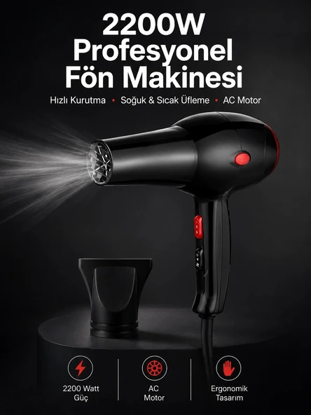 Tüm Saç Tiplerine Uygun, İki Kademeli Hız Ayarlı Fön Makinesi ürün görseli 1
