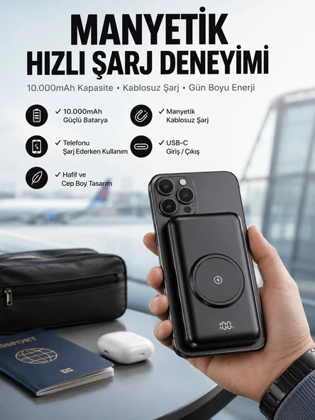 Powerbank Taşınabilir 10.000 Mah Hızlı Şarj Dijital Göstergeli ürün görseli 1
