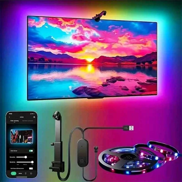 TechTic Kameralı Tv Arka Aydınlatması LED Şerit Ekran ve Müziğe Senkronize TV Ambiyans 55-75inç(5m) ürün görseli 1