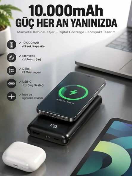 10.000 Mah Powerbank 4 Portlu Hızlı Şarj Dijital Göstergeli ürün görseli 1