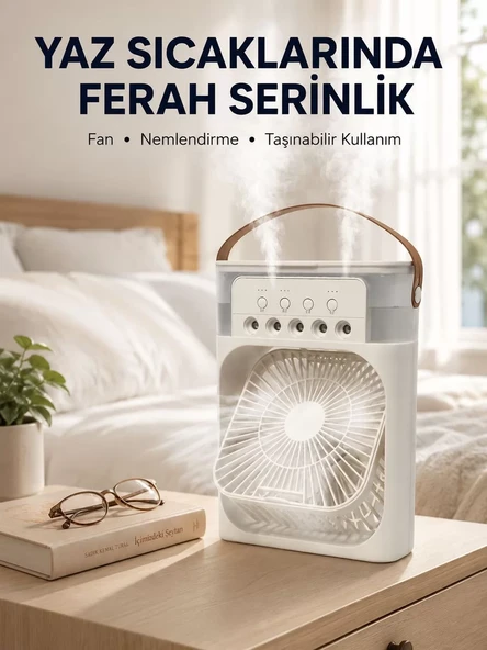 Taşınabilir 3'ü 1 Arada Mini Fan | Nemlendirici + Soğutucu + Gece Lambası Yeni Nesil ürün görseli 1